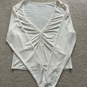 White Ruched V-Neck Top